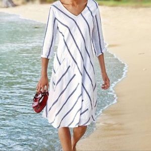 Soft Surroundings Blue/White Stripe Linen Blend Dress, Size: Medium